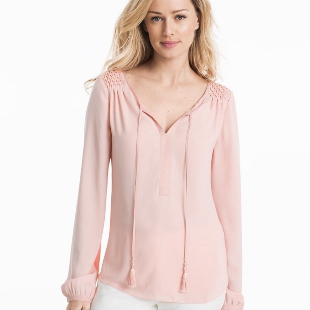 White House Black Market Pink Smocked Tie Front Blouse